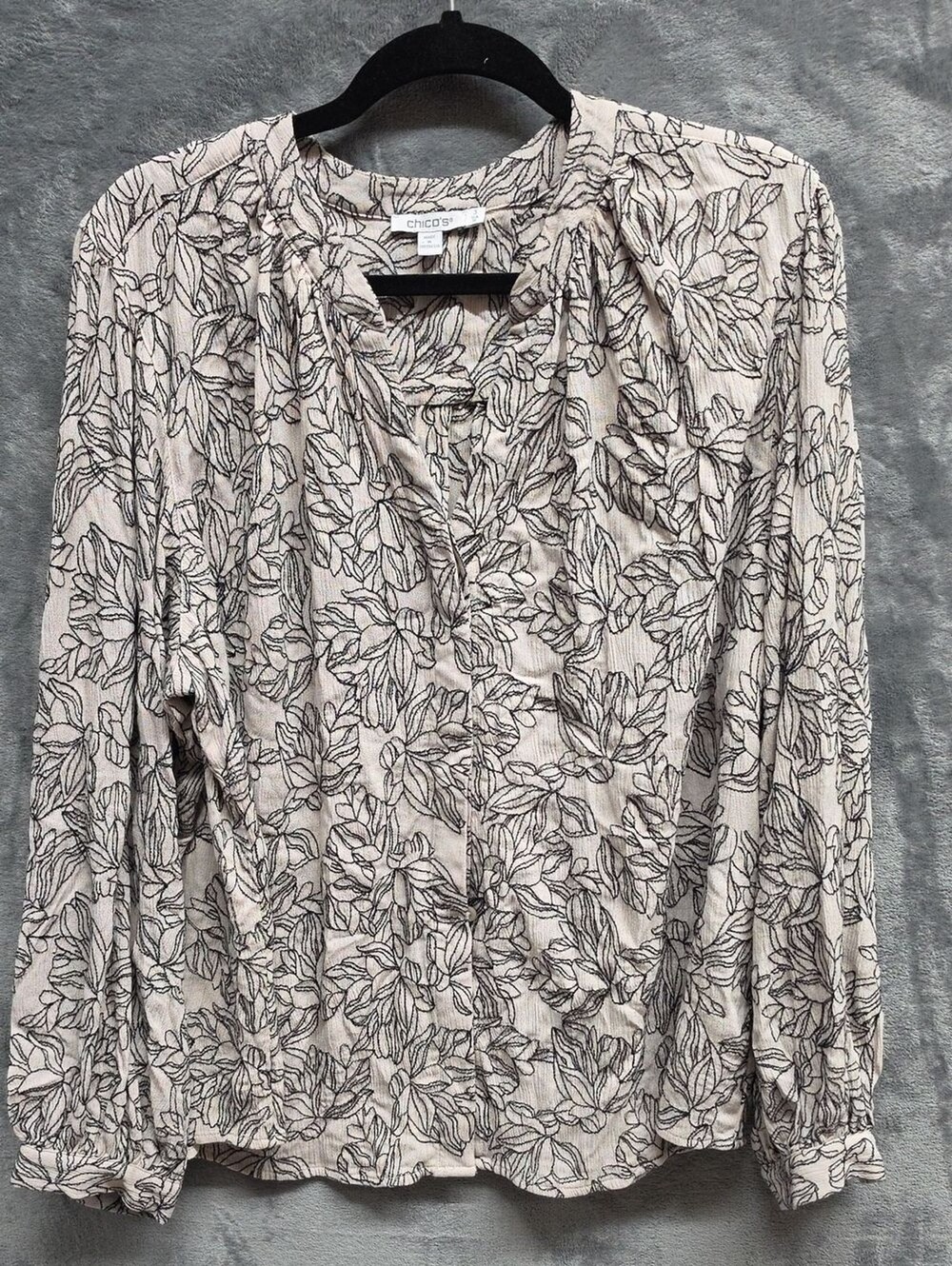 Chico's Cream Blouse with Black Leaf Outline Print 3(XL)